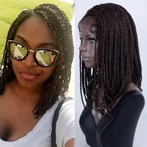 14 Inches Senegalese Twist Bob T-Lace Front Wigs with Baby Hair Full Braids with Natural Side Bob A-Line Synthetic Hair Senegalese Twist Braided Wigs for Black Women for Daily Wear (4/30#)