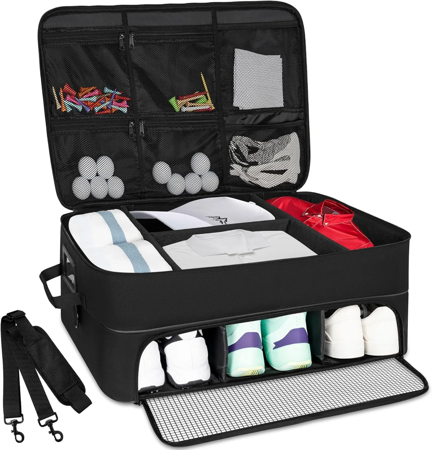 2 Layer Golf Trunk Organizer, Golf Car Locker with Separate Ventilated Compartment for Shoes, Golf Trunk Storage for Balls, Tees, Clothes, Gloves, Accessories