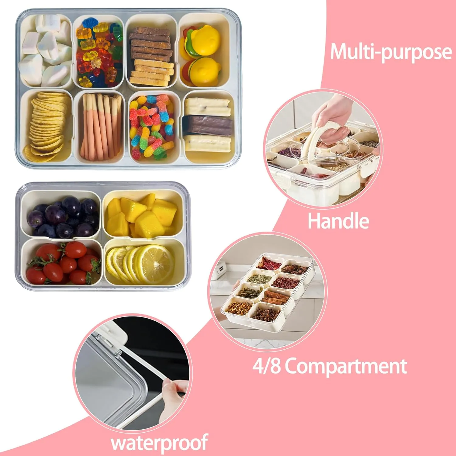 2PCS Plastic Divided Serving Tray with Lid Snackle Box Charcuterie Container Portable Snack Platters Organizer for Candy, Fruits, Snacks, Nuts, for Party, Entertaining, Picnic (4 Compartment)