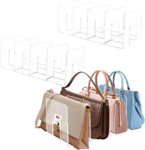 3 Pack Clear Purse Organizers for Closet, Plastic Handbag Organizer for Closets, 4 Sections Acrylic Handbag Separators Storage Organizer, Closet Dividers Storage for Bags