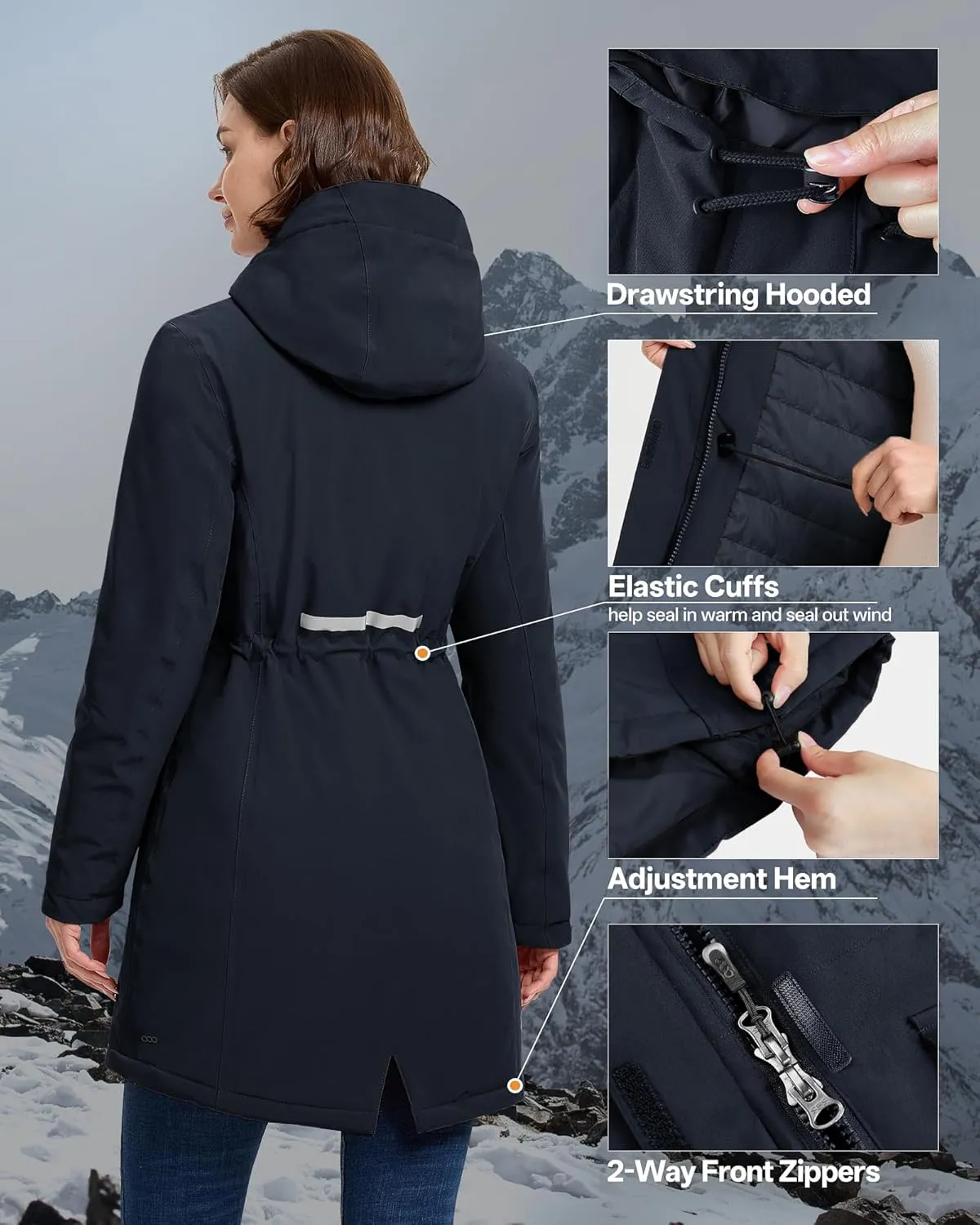 33,000ft Women's Waterproof Insulated Coats with Hood Long Thicken Warm Winter Coats Raincoat Windproof Parka Jacket Ski
