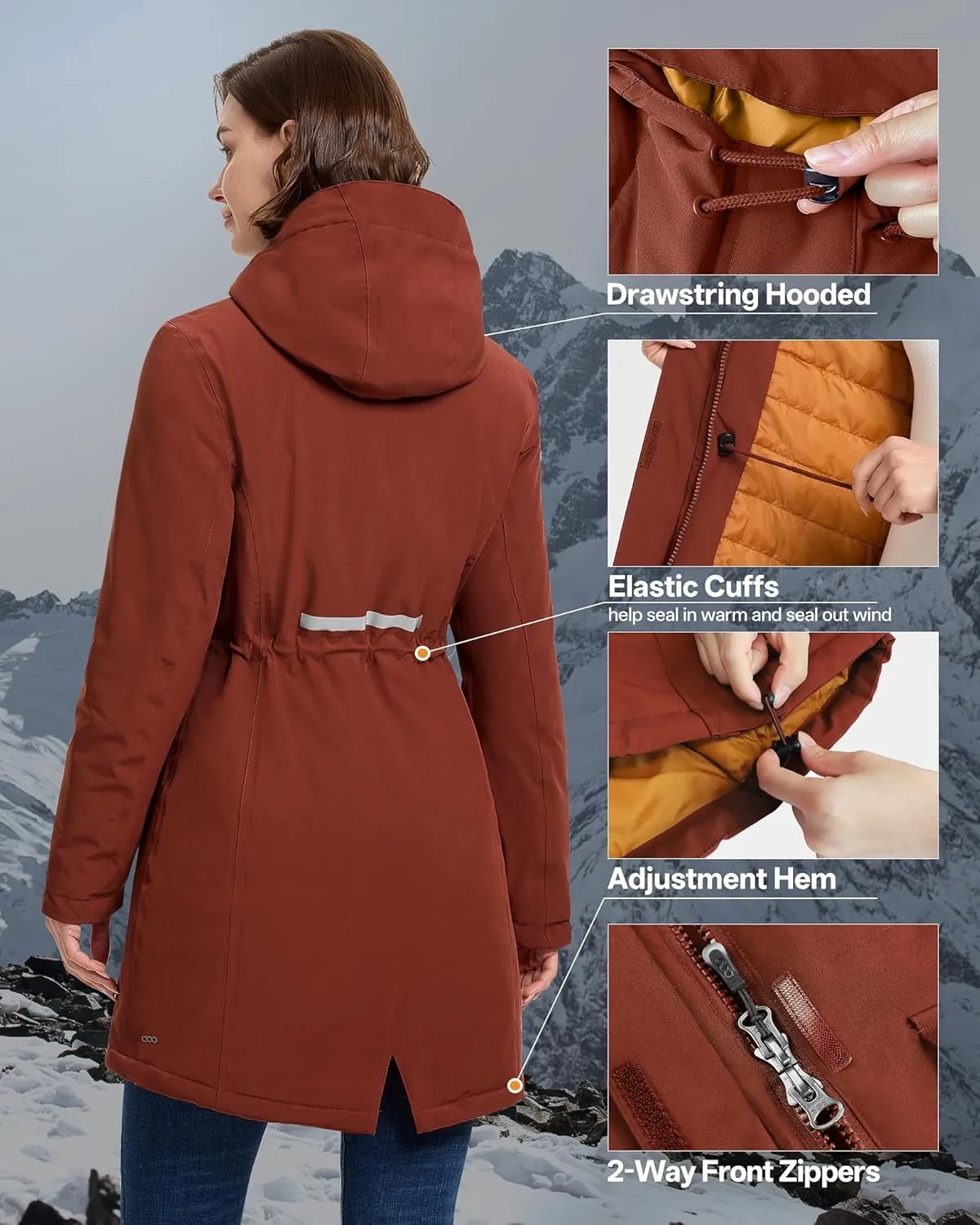 33,000ft Women's Waterproof Insulated Coats with Hood Long Thicken Warm Winter Coats Raincoat Windproof Parka Jacket Ski