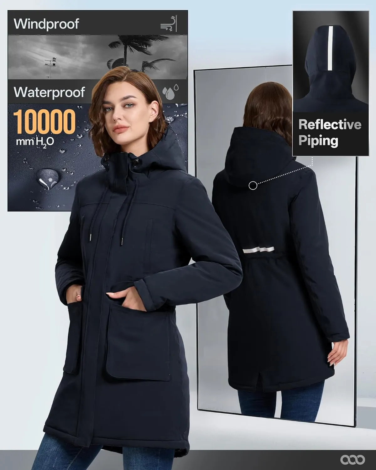 33,000ft Women's Waterproof Insulated Coats with Hood Long Thicken Warm Winter Coats Raincoat Windproof Parka Jacket Ski