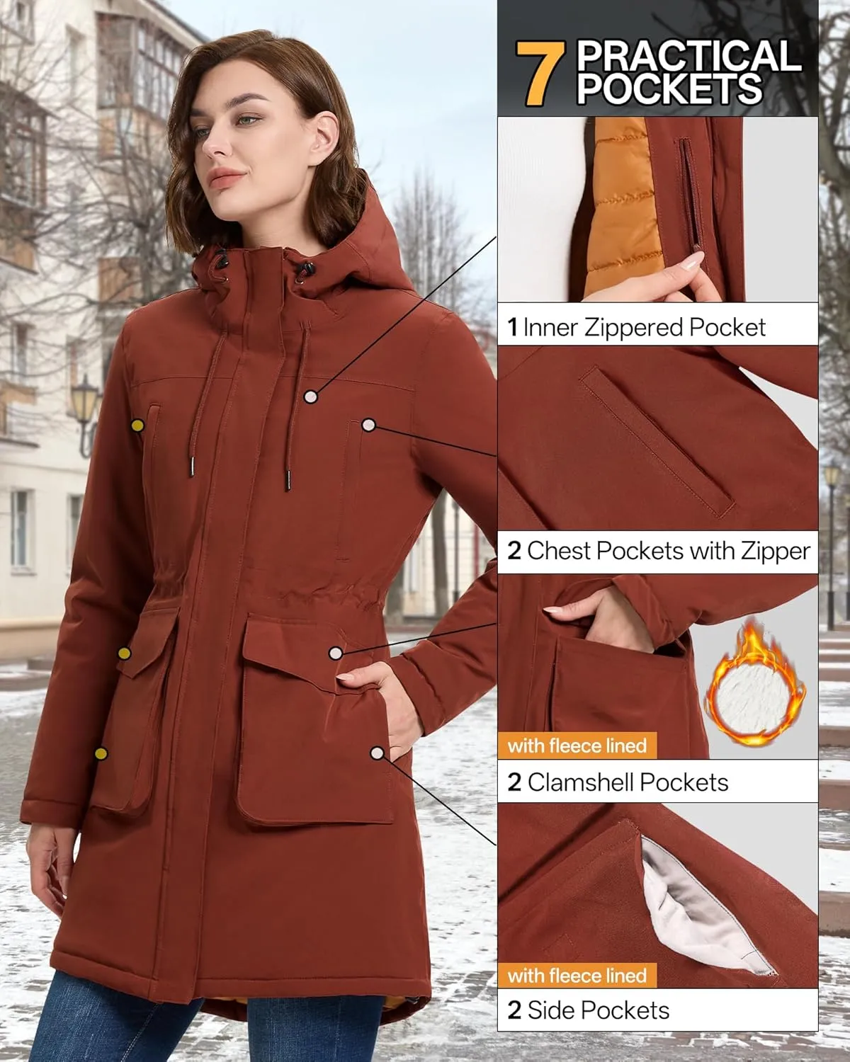 33,000ft Women's Waterproof Insulated Coats with Hood Long Thicken Warm Winter Coats Raincoat Windproof Parka Jacket Ski