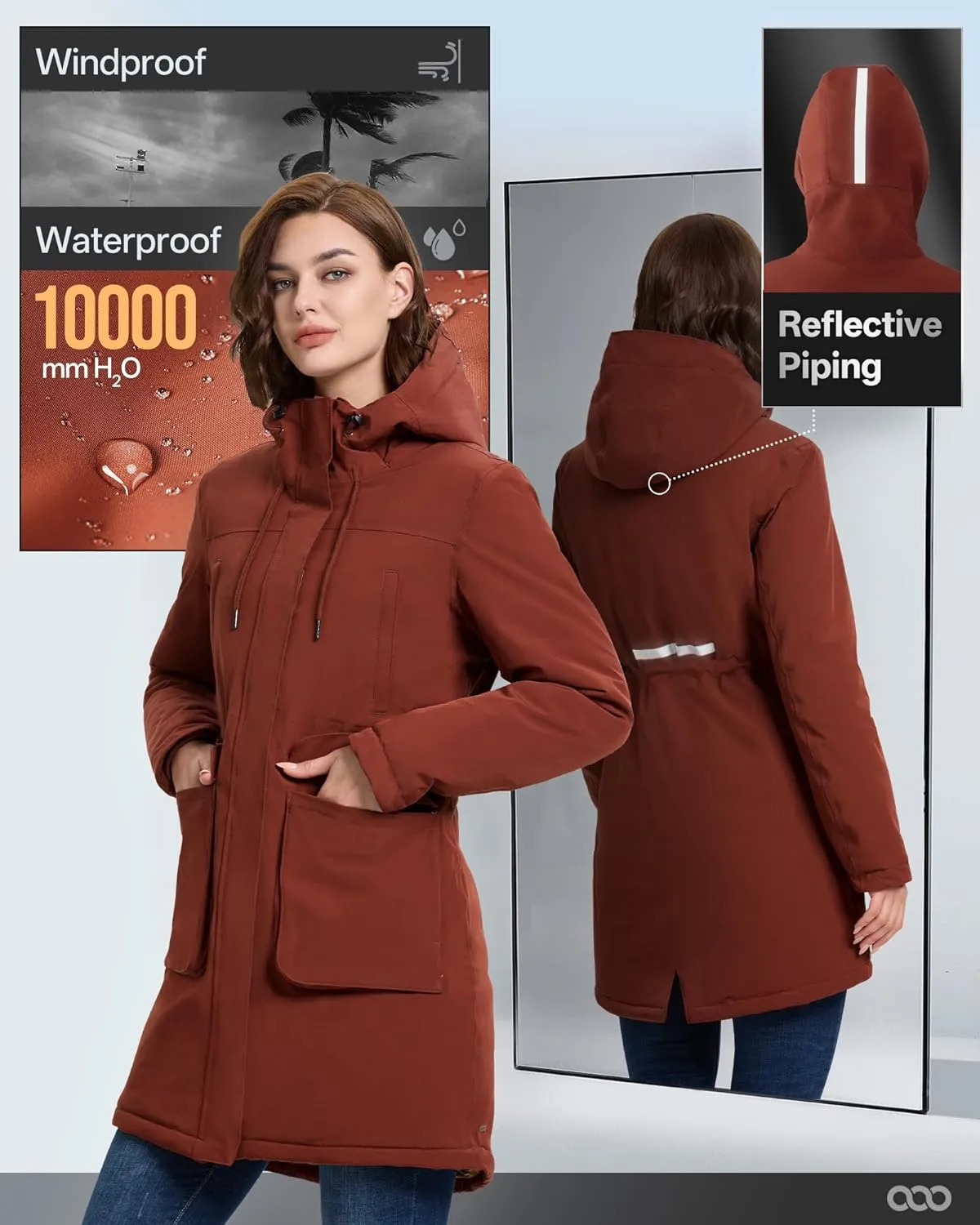 33,000ft Women's Waterproof Insulated Coats with Hood Long Thicken Warm Winter Coats Raincoat Windproof Parka Jacket Ski