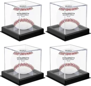 4Pcs Baseball Display Case, with 4 Black Protective Bases UV Protected Acrylic Boxes for Display,Clear Display Case Baseball Cube Memorabilia Showcase Autograph Ball Protector
