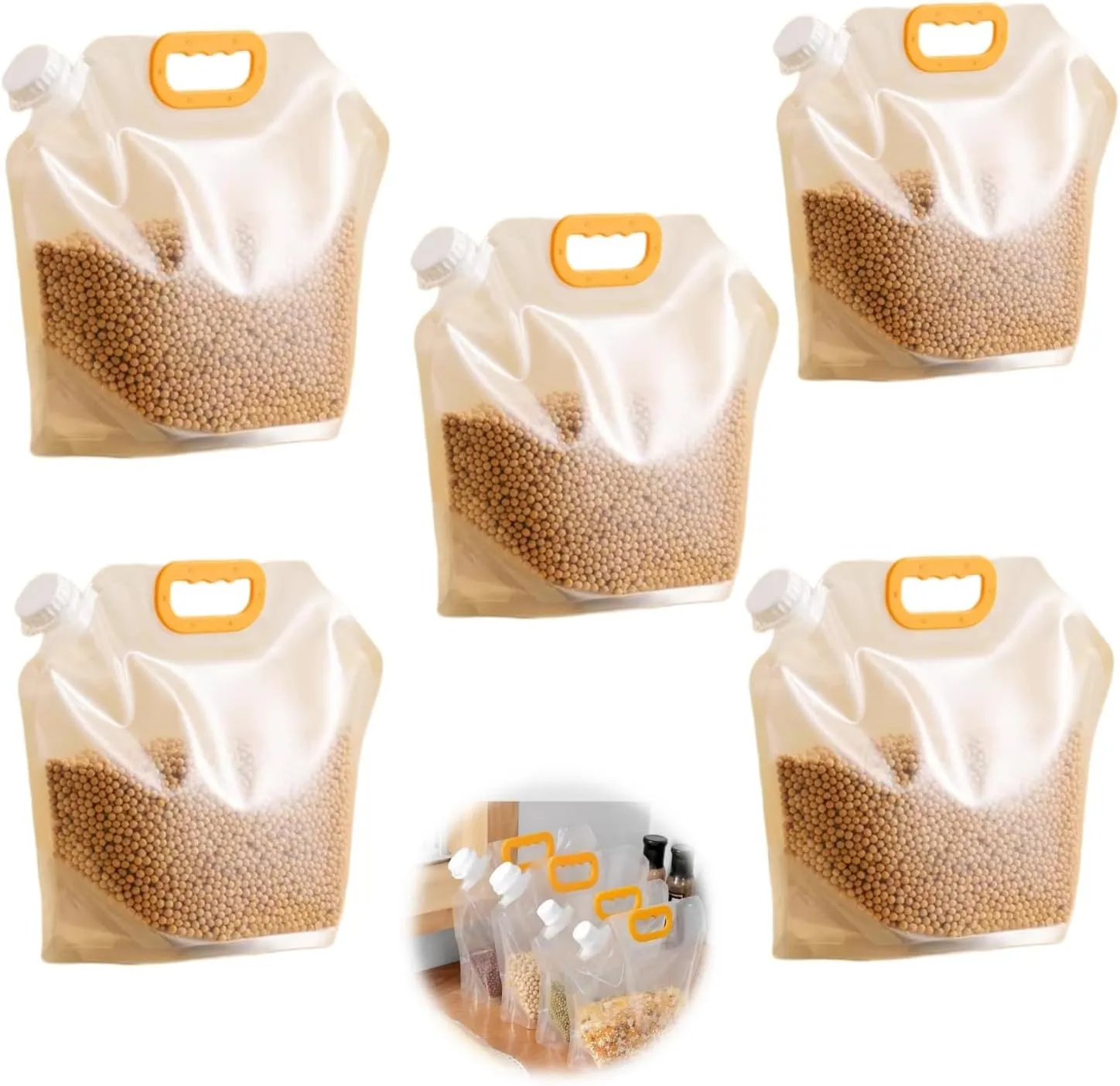 5pcsFood Storage Bags, Grain Moisture-proof Sealed Bag,Stand Up Food Bags Large Reusable Sealed Bag with Handle and Cap BPA Free (5L)
