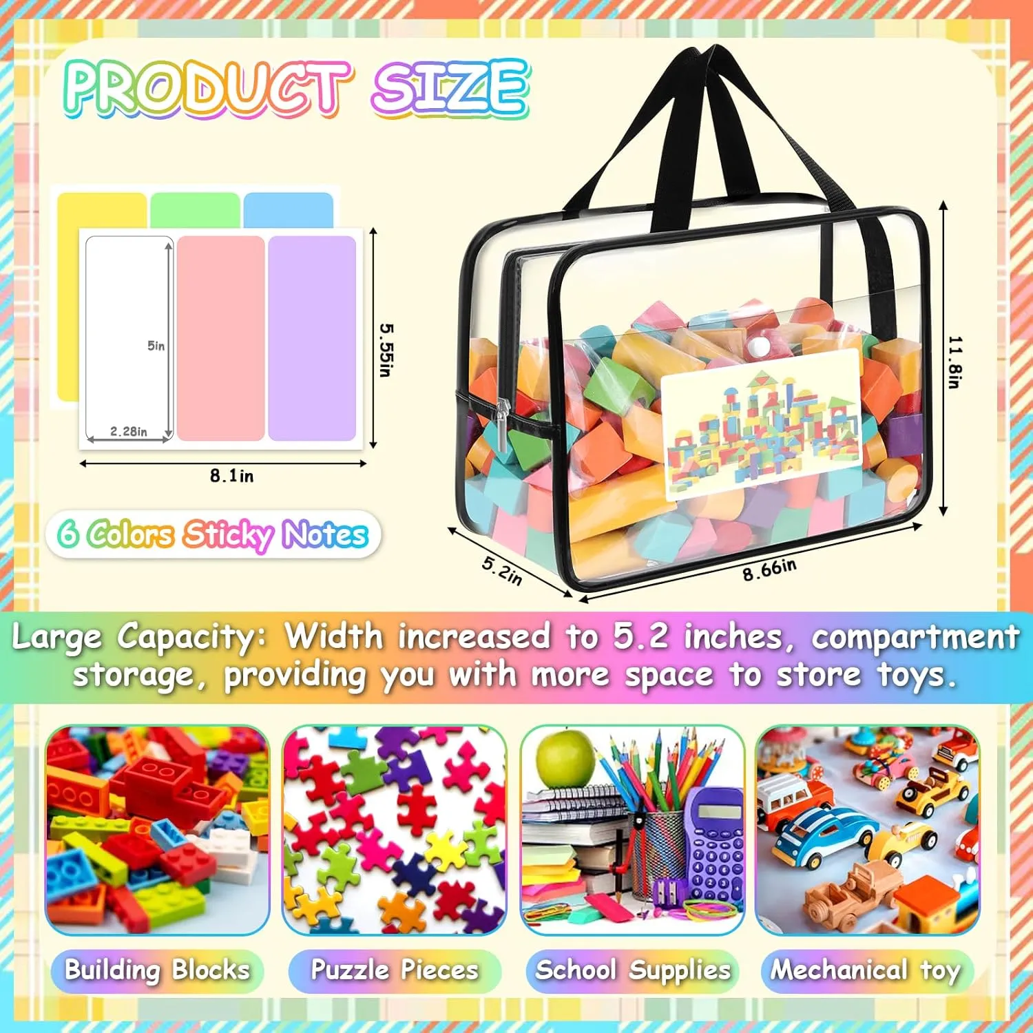 6 Pack Toy Storage Bags, Toy Organizer Bags with Zipper Front Pocket and Labels, Kid Toy Storage Organizer for Board Games, Building Blocks and Puzzles
