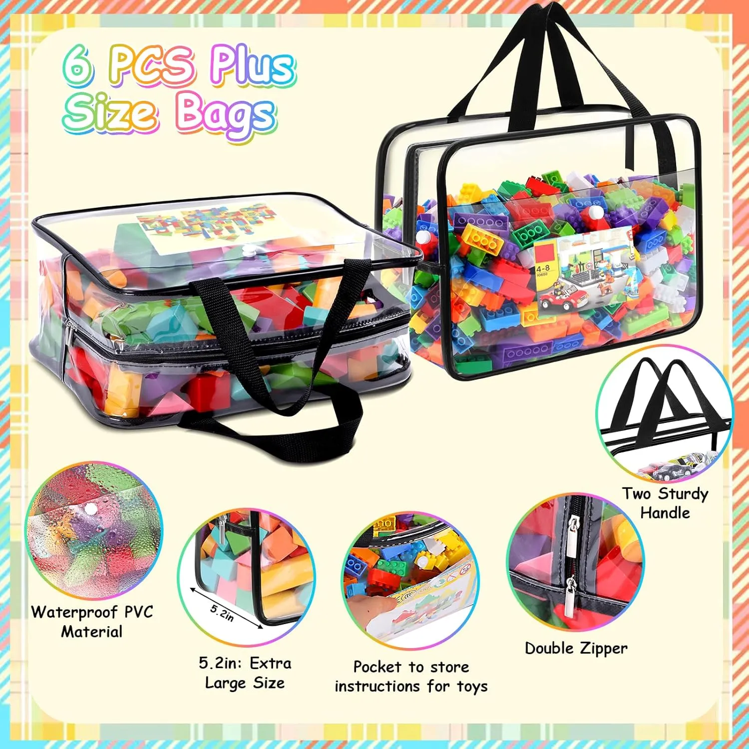 6 Pack Toy Storage Bags, Toy Organizer Bags with Zipper Front Pocket and Labels, Kid Toy Storage Organizer for Board Games, Building Blocks and Puzzles