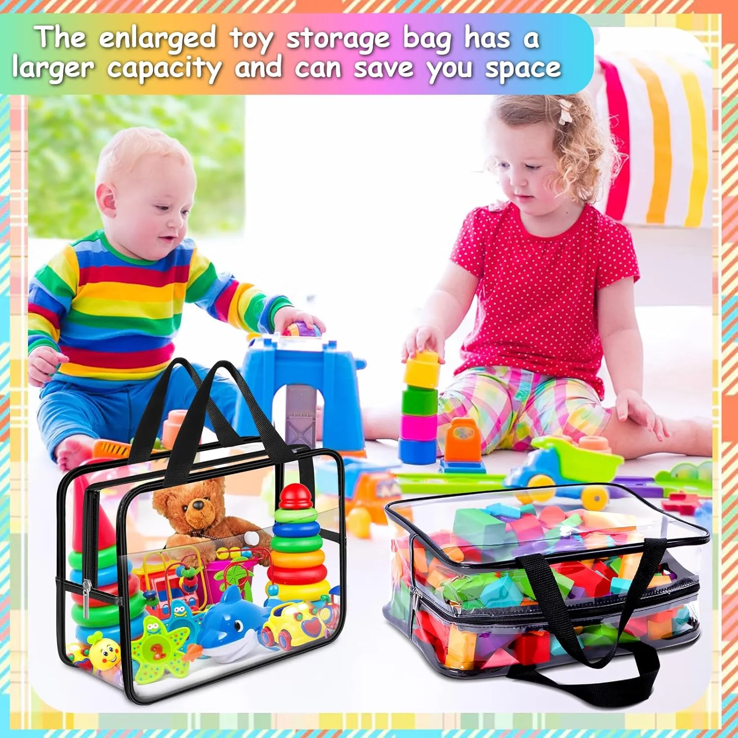 6 Pack Toy Storage Bags, Toy Organizer Bags with Zipper Front Pocket and Labels, Kid Toy Storage Organizer for Board Games, Building Blocks and Puzzles