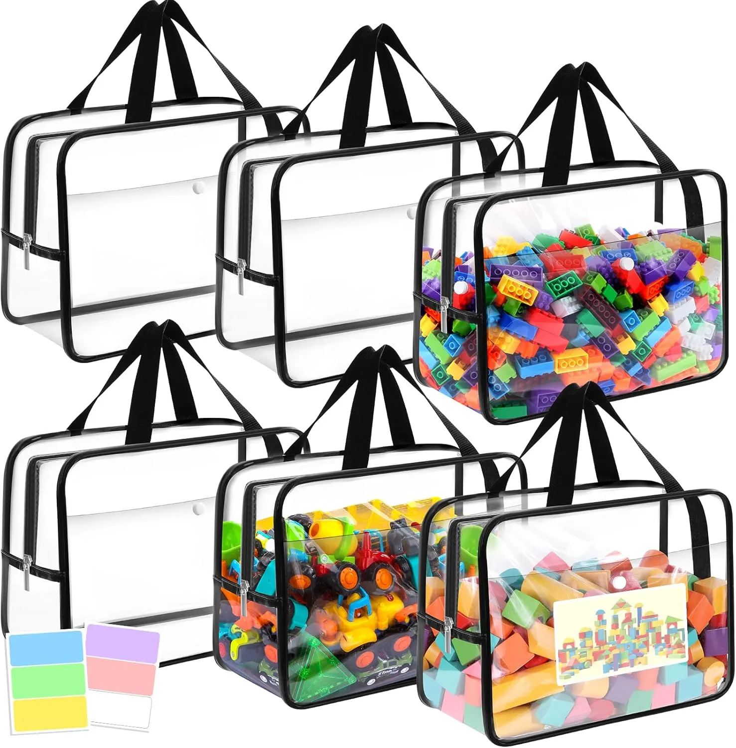 6 Pack Toy Storage Bags, Toy Organizer Bags with Zipper Front Pocket and Labels, Kid Toy Storage Organizer for Board Games, Building Blocks and Puzzles