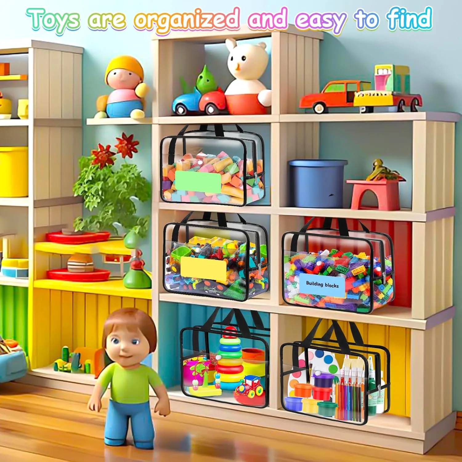 6 Pack Toy Storage Bags, Toy Organizer Bags with Zipper Front Pocket and Labels, Kid Toy Storage Organizer for Board Games, Building Blocks and Puzzles