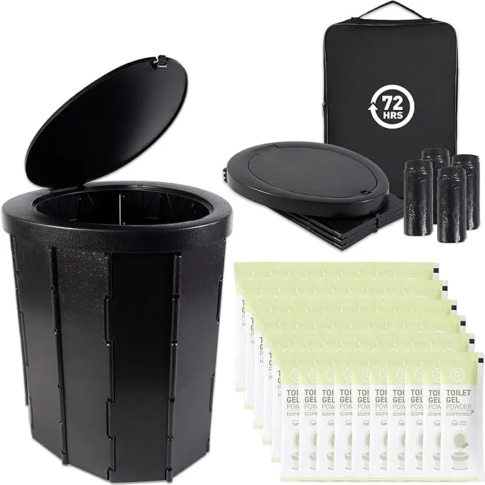 72HRS Portable Collapsible Toilet for Camping, 15.8" Extra Large Camping Toilets Portable Potty, Lightweight and Sturdy, Camp Toilet (With 60 Toilet Bags & 60 Toilet Powers)