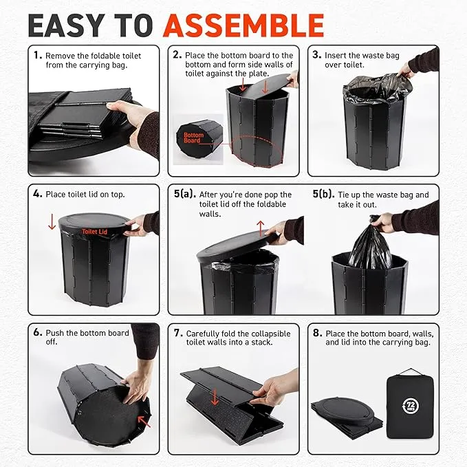 72HRS Portable Collapsible Toilet for Camping, 15.8" Extra Large Camping Toilets Portable Potty, Lightweight and Sturdy, Camp Toilet (With 60 Toilet Bags & 60 Toilet Powers)