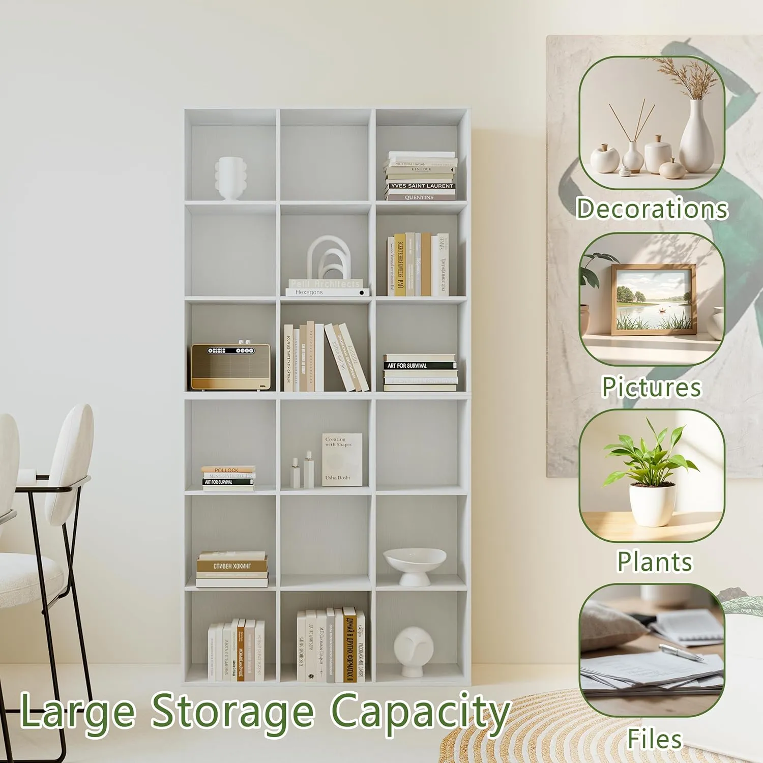 8 Cube Storage Organizer Bookcase,Wood Decorative Open Book Shelf, Large Cubical Storage Unit with Back Panel for Living Room, Nursery, Toy, Home Office(Embossed-White, 8 Cube Bookcase)
