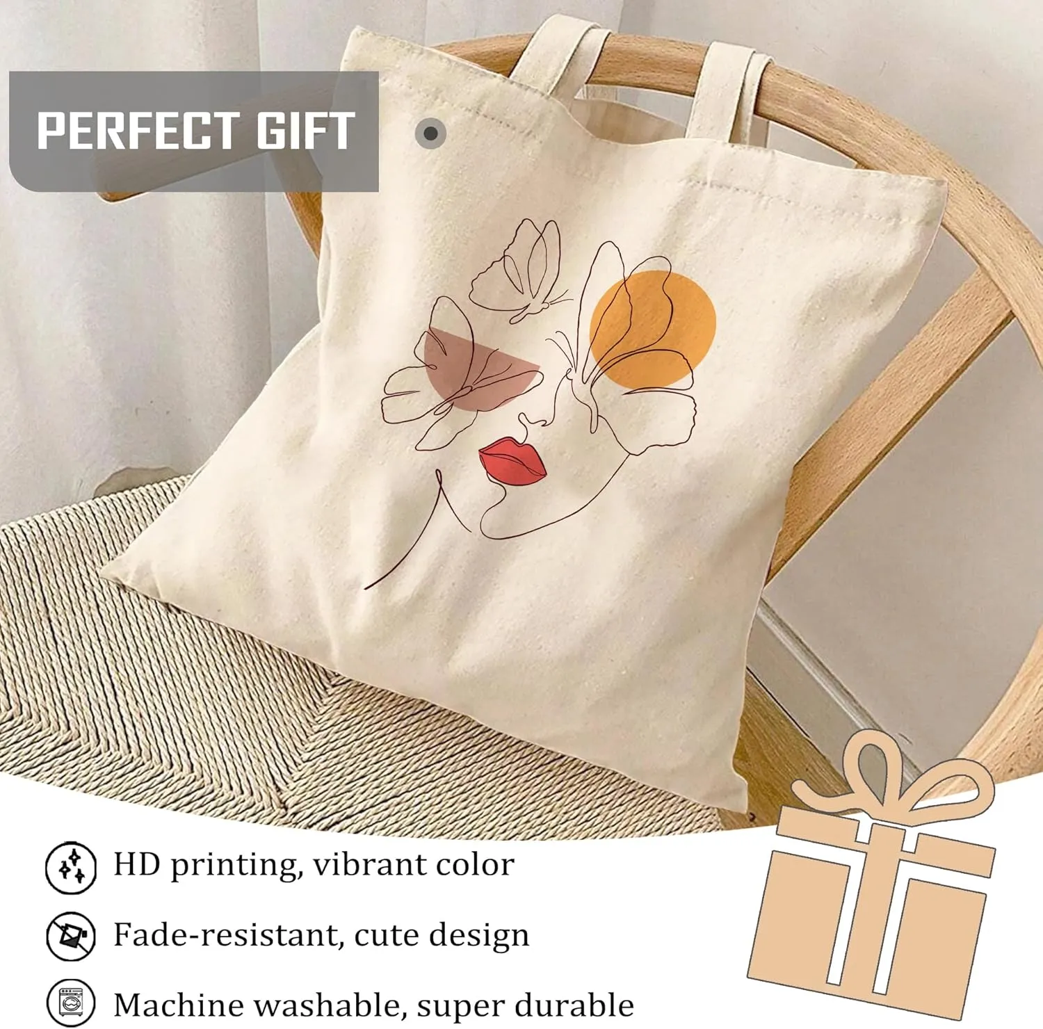 Abstract Art Butterfly Canvas Tote Bag Shoulder Zipper Pocket Cute Aesthetic Minimalist Design Women Teacher Lady Shopping Book Reusable Grocery Work Storage Personalized Fashion Cloth Cotton