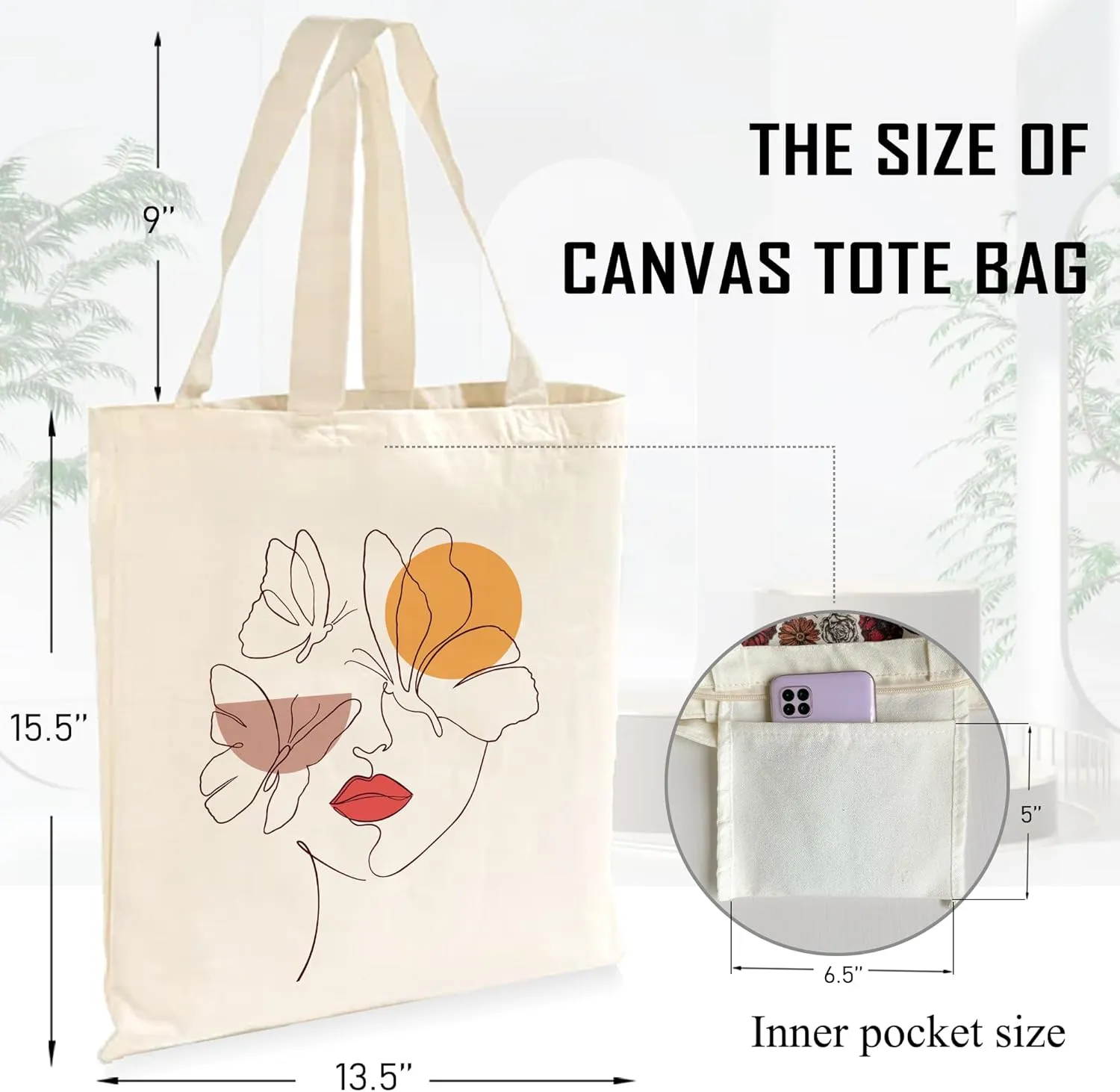 Abstract Art Butterfly Canvas Tote Bag Shoulder Zipper Pocket Cute Aesthetic Minimalist Design Women Teacher Lady Shopping Book Reusable Grocery Work Storage Personalized Fashion Cloth Cotton