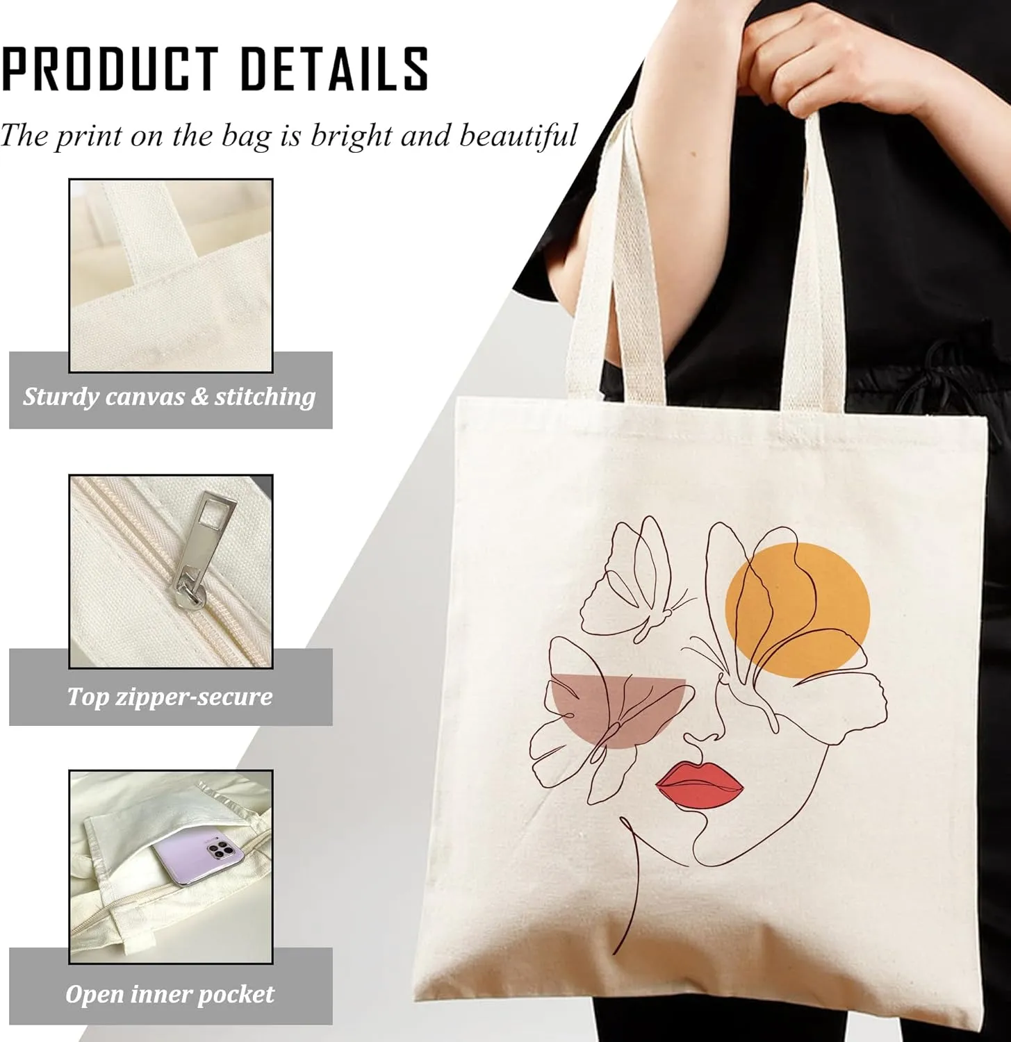 Abstract Art Butterfly Canvas Tote Bag Shoulder Zipper Pocket Cute Aesthetic Minimalist Design Women Teacher Lady Shopping Book Reusable Grocery Work Storage Personalized Fashion Cloth Cotton