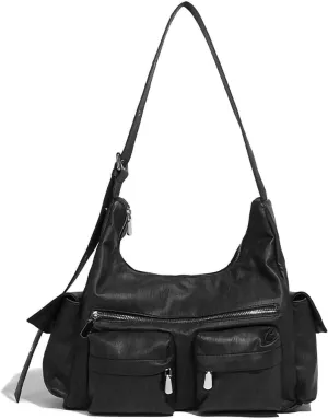ACOLLIE-New Multi-pockets design style handbag light luxury high-end bag casual vintage washed PU bag (Blk)