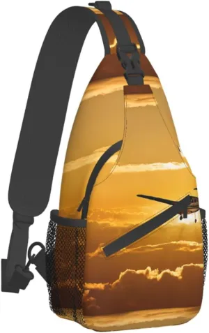 (Aircraft Plane At Sunset) Crossbody Bag Men Lightweight Chest Backpack For Hiking Cycling Traveling Running