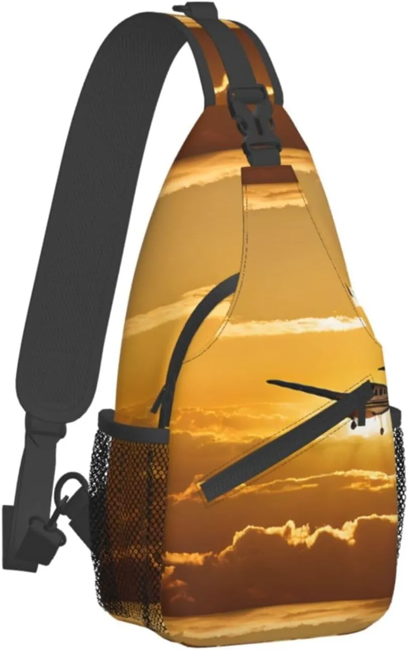 (Aircraft Plane At Sunset) Crossbody Bag Men Lightweight Chest Backpack For Hiking Cycling Traveling Running