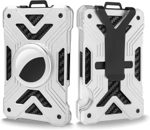 AirTag Wallet (No Airtag) with Metal Money Clip, Minimalist Wallet for Men with AirTag Holder, Carbon Fiber Money Clip, Slim Wallet for Men, RFID Blocking, Ultra-Thin Tactical Wallet Gift-Silver