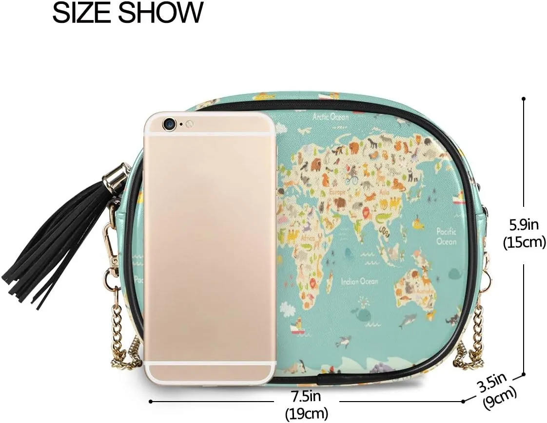 ALAZA Map Animal Cartoon Cross Body Fashion Chain Bag Single Shoulder PU Leather Purse for Women Girls