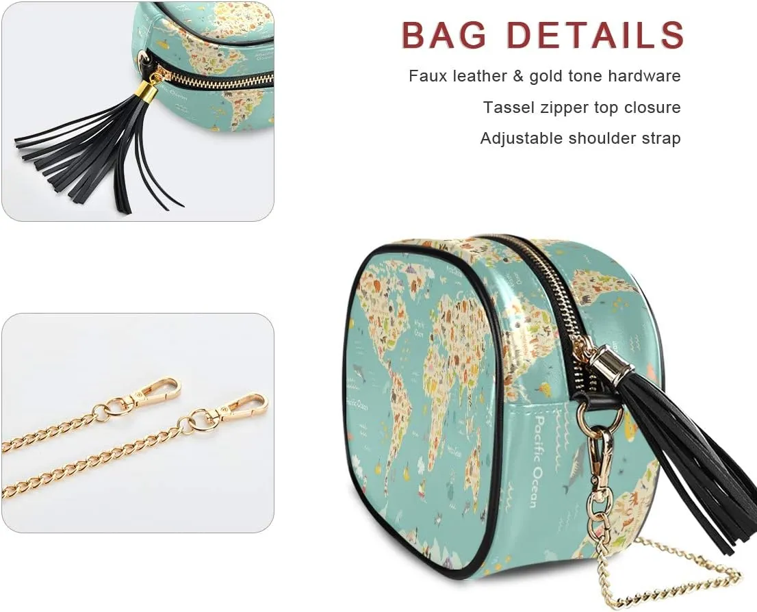 ALAZA Map Animal Cartoon Cross Body Fashion Chain Bag Single Shoulder PU Leather Purse for Women Girls