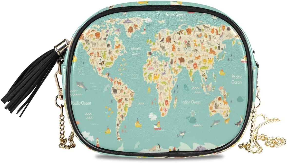 ALAZA Map Animal Cartoon Cross Body Fashion Chain Bag Single Shoulder PU Leather Purse for Women Girls