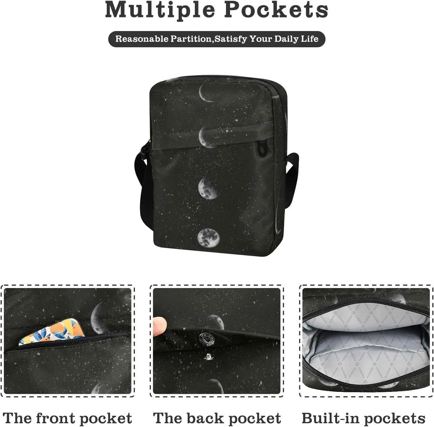 ALAZA Moon Phases in The Night Sky Crossbody Bag Small Messenger Bag Shoulder Bag with Zipper for Women Men