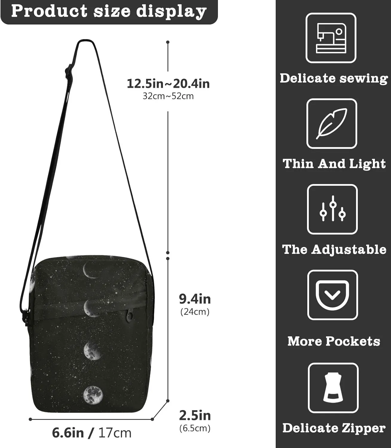 ALAZA Moon Phases in The Night Sky Crossbody Bag Small Messenger Bag Shoulder Bag with Zipper for Women Men