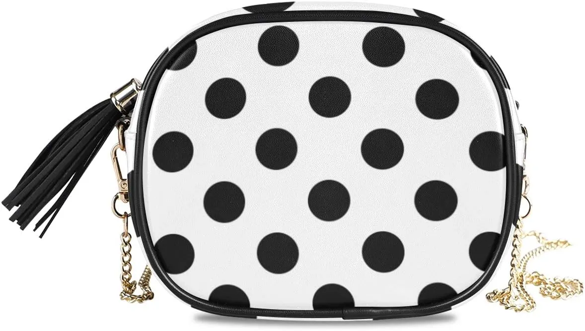ALAZA Women's Polka Dot Black White Cross Body Bag Chain Shoulder Handbag Purse with Tassel