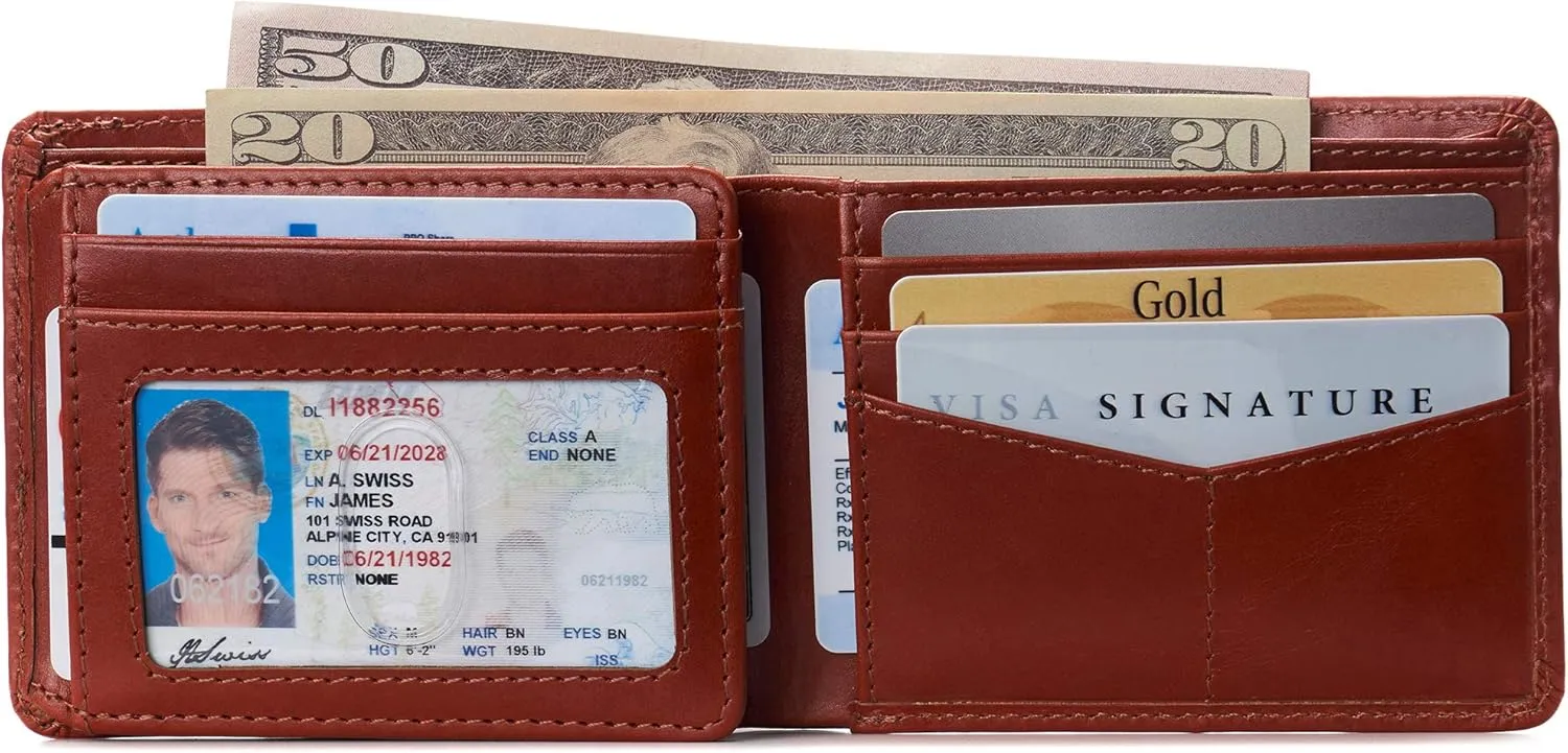 Alpine Swiss Mens Wallet for Men | RFID Protected Leather Mens Wallet | Spencer Bifold with Divided Bill Section | Gift Box | 2 ID Windows | 14 Card & Storage Pockets for Organization