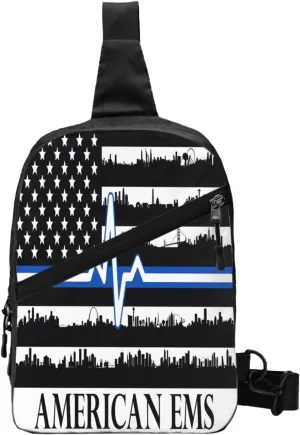 American EMS Rescue Flag Portable Sling Bags Packable Crossbody Bag Foldable Sport Daypack Reusable Shoulder Backpack Diagonally Chest Bag for Workout Travel