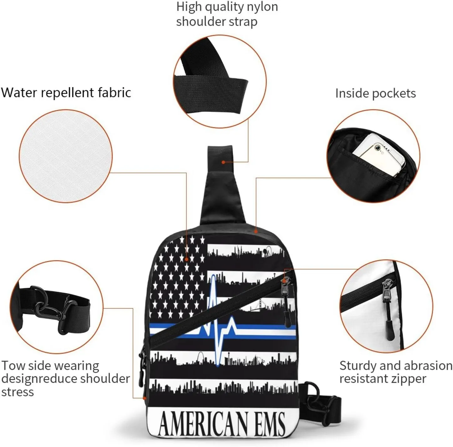 American EMS Rescue Flag Portable Sling Bags Packable Crossbody Bag Foldable Sport Daypack Reusable Shoulder Backpack Diagonally Chest Bag for Workout Travel