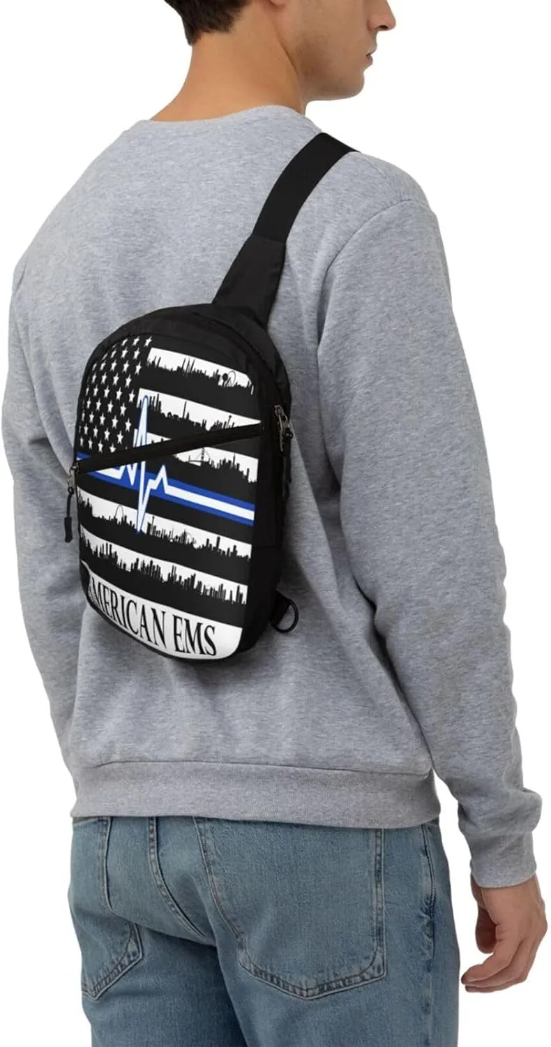 American EMS Rescue Flag Portable Sling Bags Packable Crossbody Bag Foldable Sport Daypack Reusable Shoulder Backpack Diagonally Chest Bag for Workout Travel