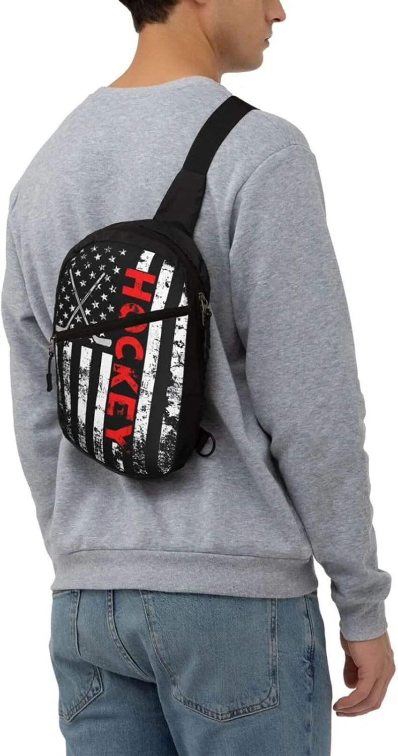American Hockey Flag Portable Sling Bags Packable Crossbody Bag Foldable Sport Daypack Reusable Shoulder Backpack Diagonally Chest Bag for Workout Travel