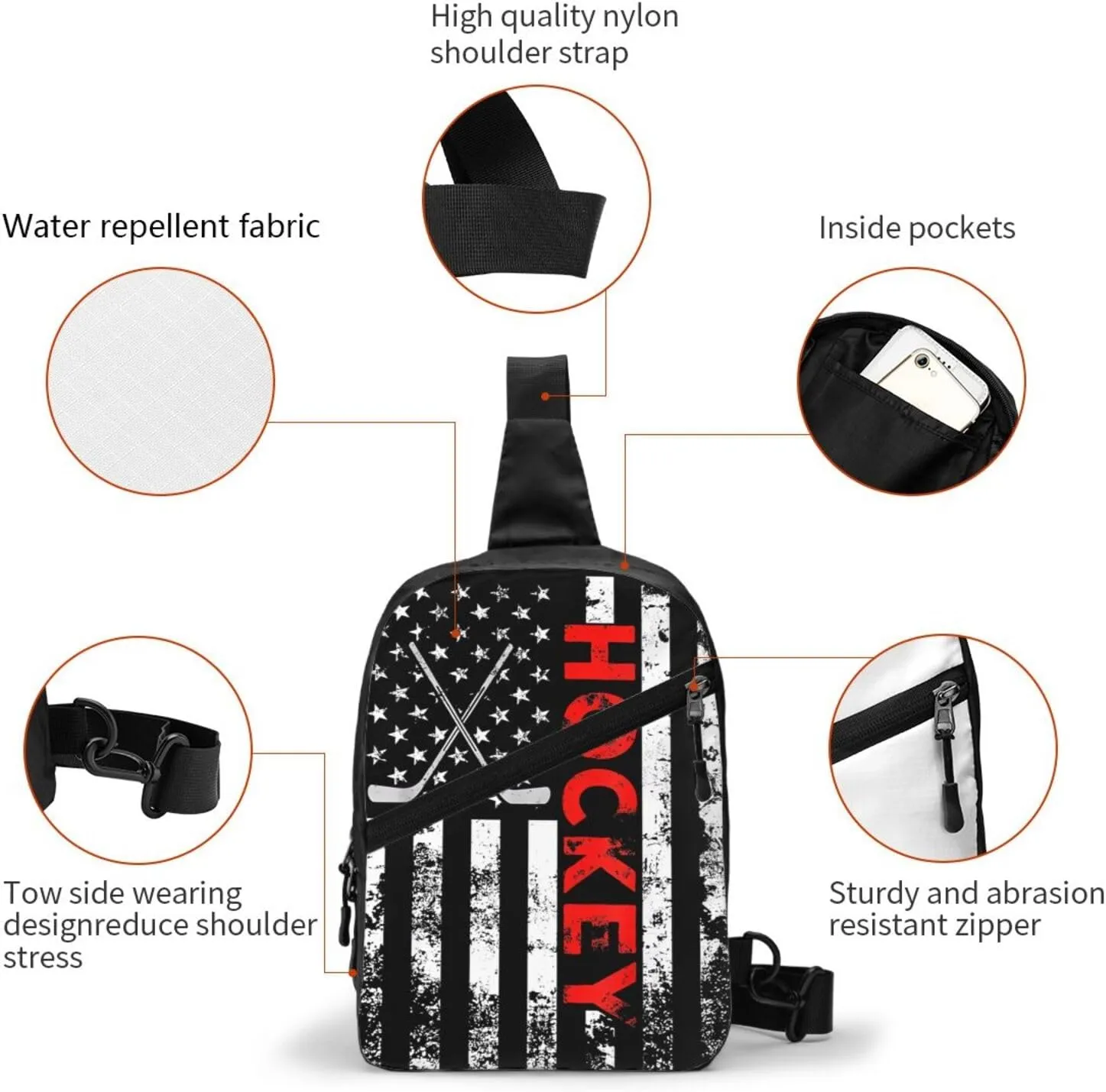 American Hockey Flag Portable Sling Bags Packable Crossbody Bag Foldable Sport Daypack Reusable Shoulder Backpack Diagonally Chest Bag for Workout Travel