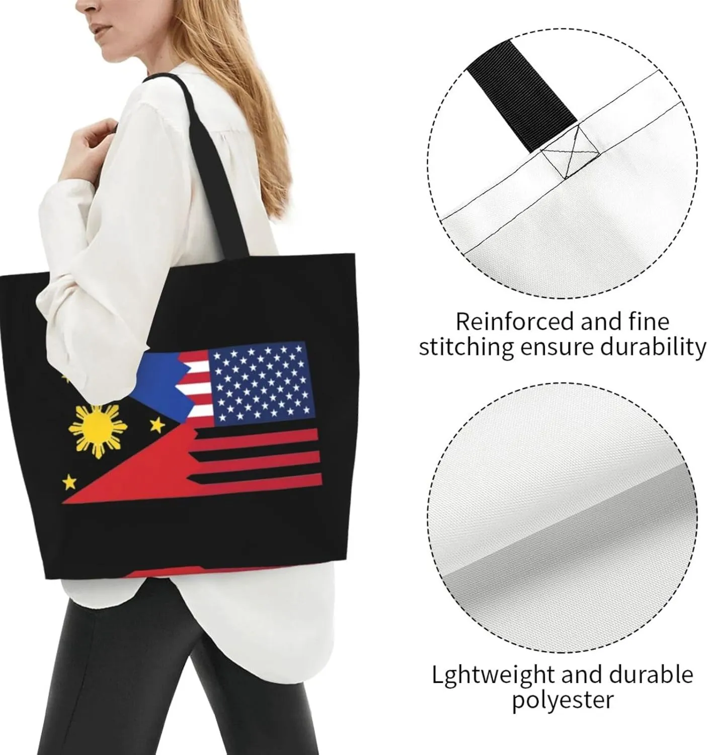 American Philippines Women's Lightweight Canvas Handbag Waterproof Reusable Shopping Bag