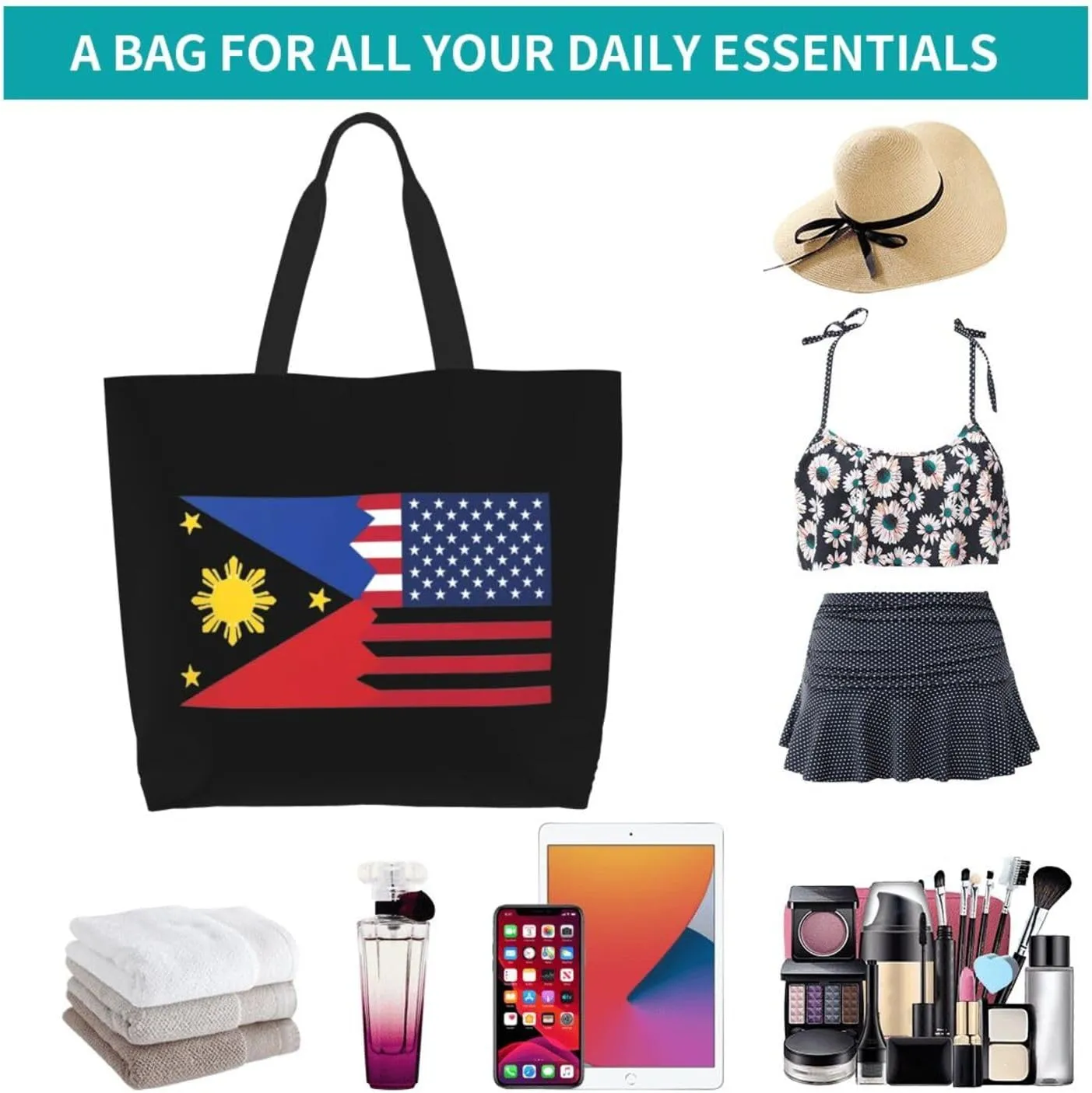 American Philippines Women's Lightweight Canvas Handbag Waterproof Reusable Shopping Bag