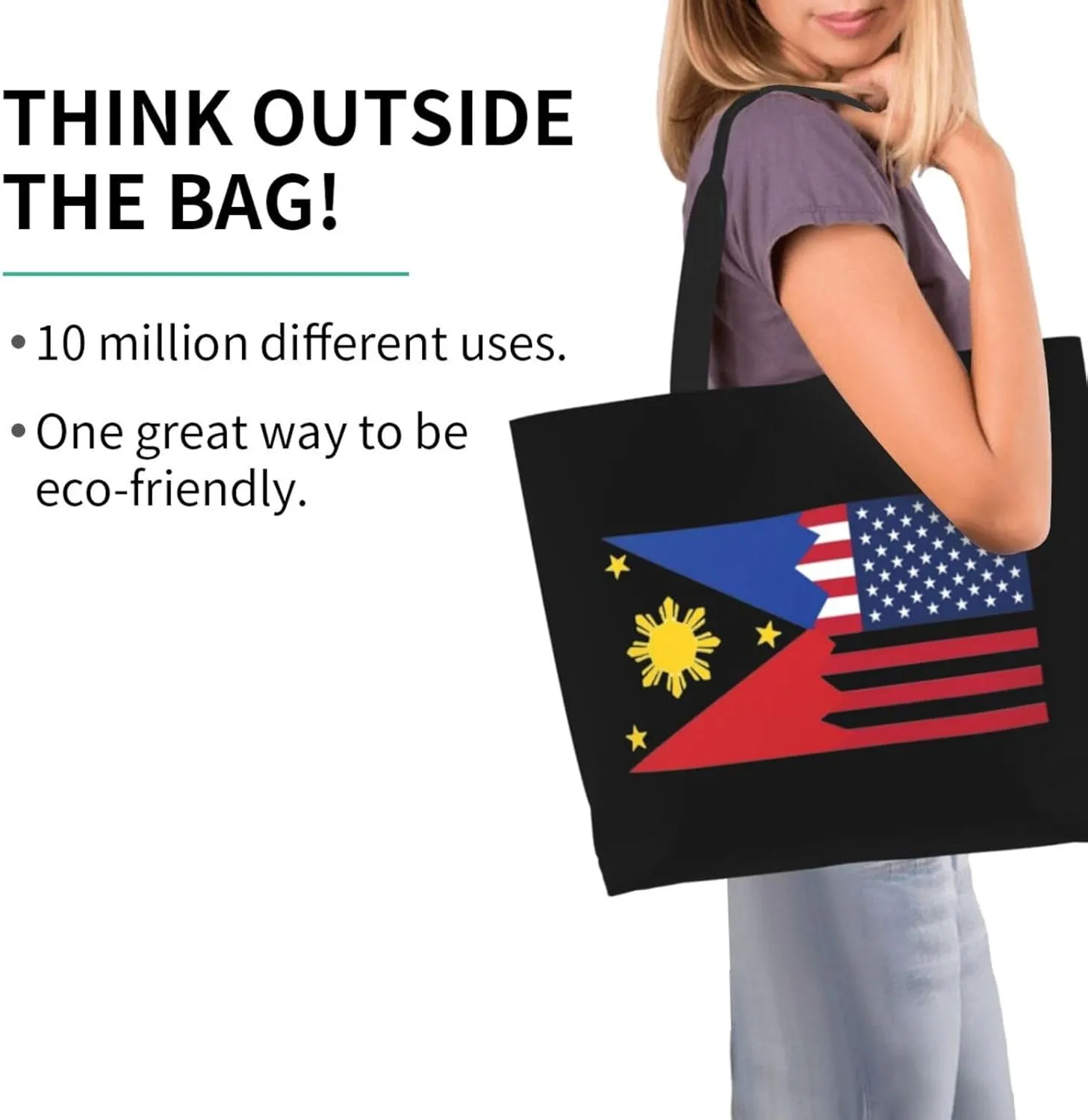 American Philippines Women's Lightweight Canvas Handbag Waterproof Reusable Shopping Bag
