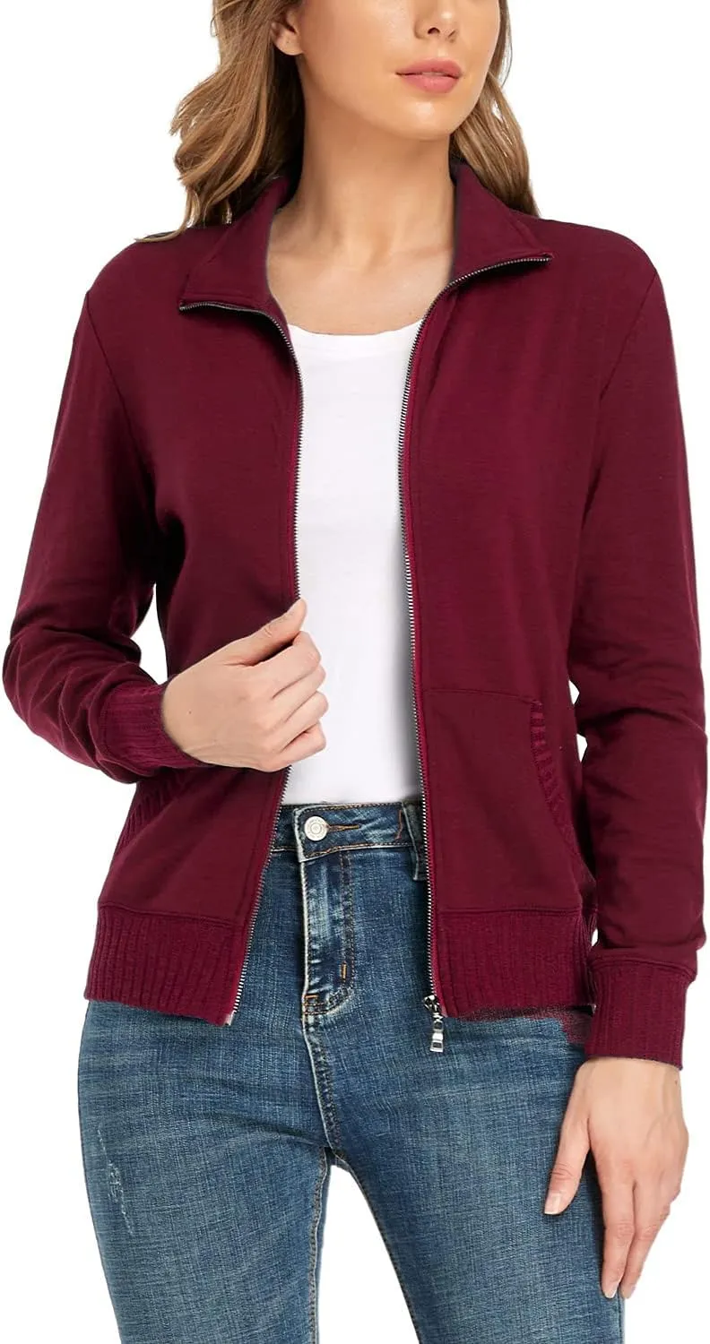 andy & natalie Women's Stand Collar Zip up Long Sleeve Jacket with Pockets Running Sweatshirts Jackets