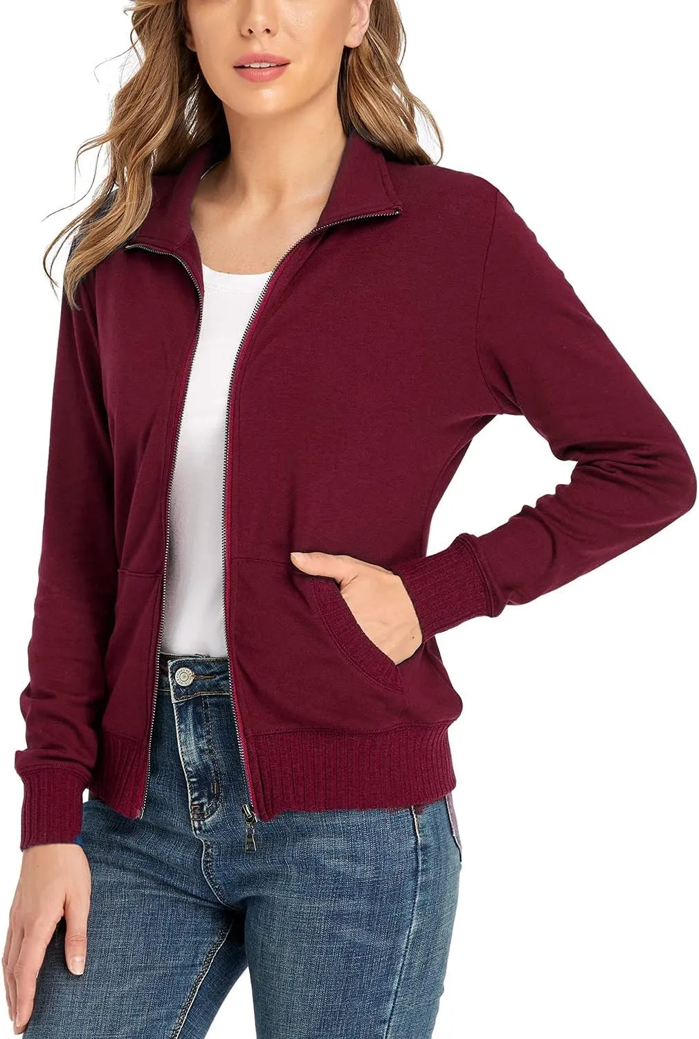 andy & natalie Women's Stand Collar Zip up Long Sleeve Jacket with Pockets Running Sweatshirts Jackets