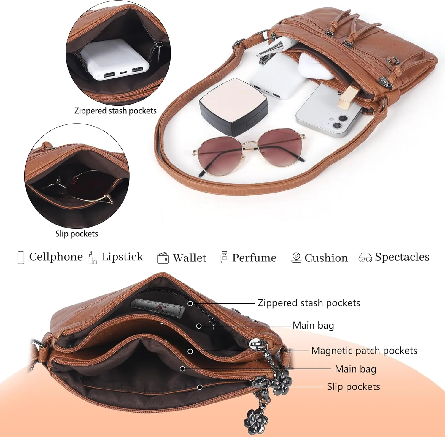 Angel Kiss Small Crossbody Bag for Women Leather Crossbody Purse Triple Compartments Cell Phone Purse Shoulder Bags for Women