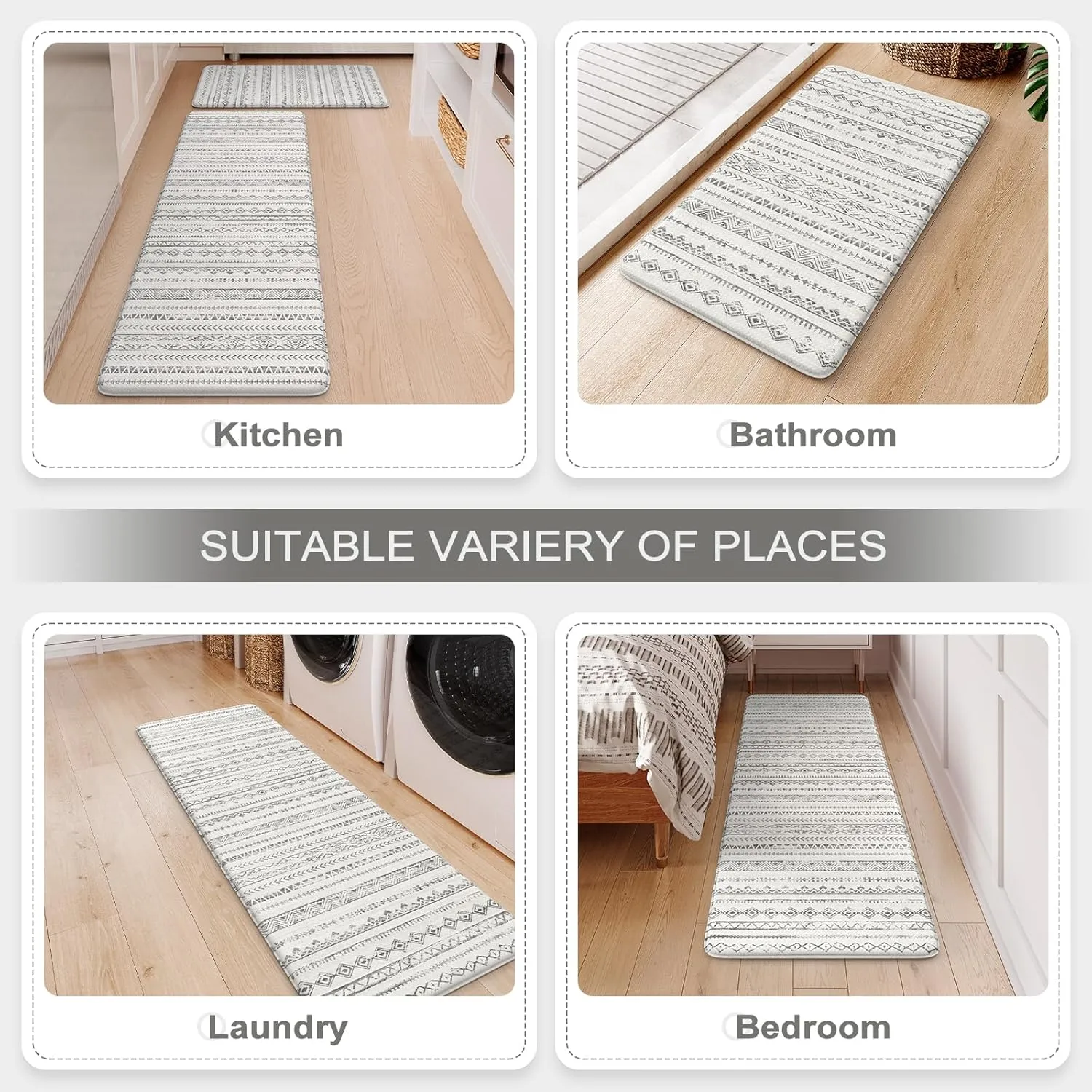 Anti Fatigue Mats for Kitchen Floor,Coshioned Kitchen Mats for Floor 2 Piece,Boho Kitchen Mat Rug Waterproof,Moroccan Kitchen Sink Floor Mat for Kitchen Office Laundry, Light Grey