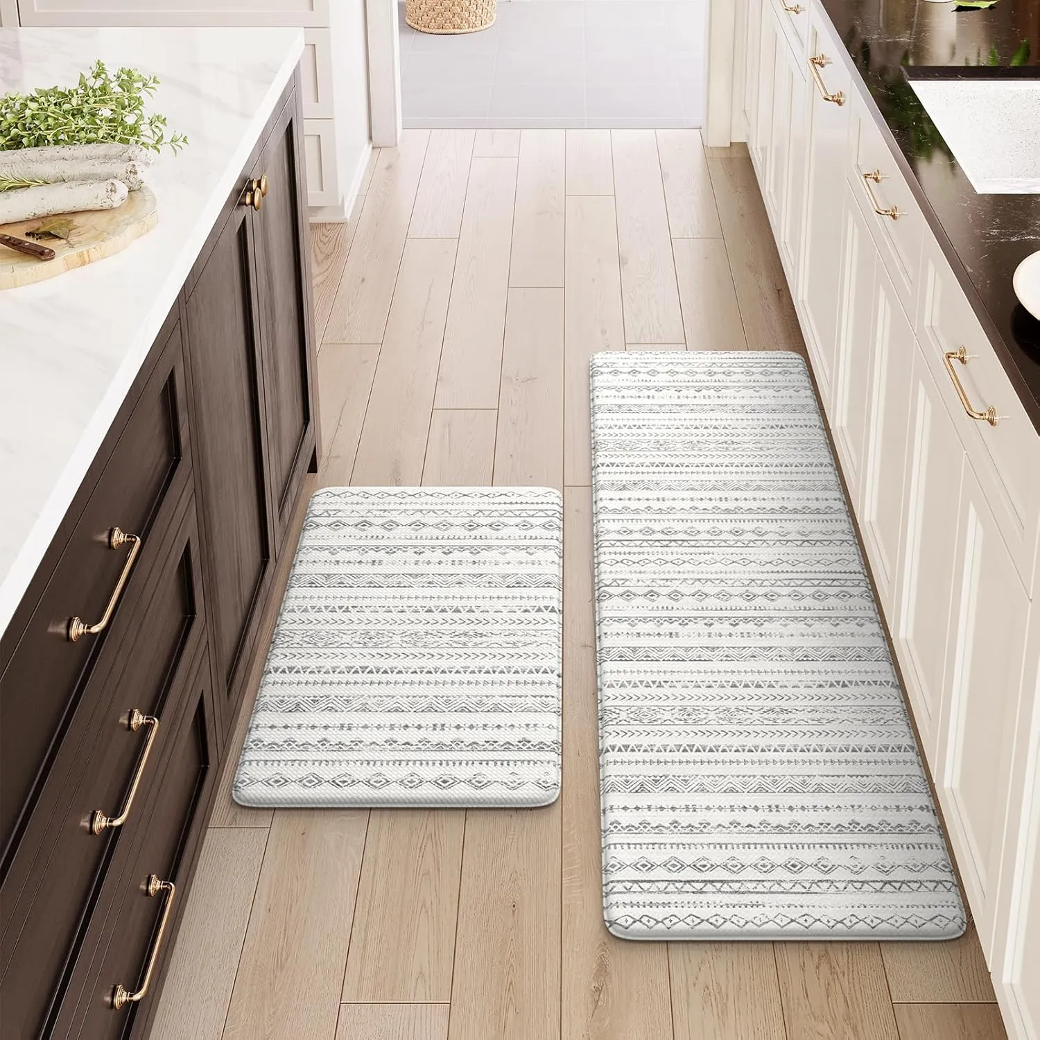 Anti Fatigue Mats for Kitchen Floor,Coshioned Kitchen Mats for Floor 2 Piece,Boho Kitchen Mat Rug Waterproof,Moroccan Kitchen Sink Floor Mat for Kitchen Office Laundry, Light Grey
