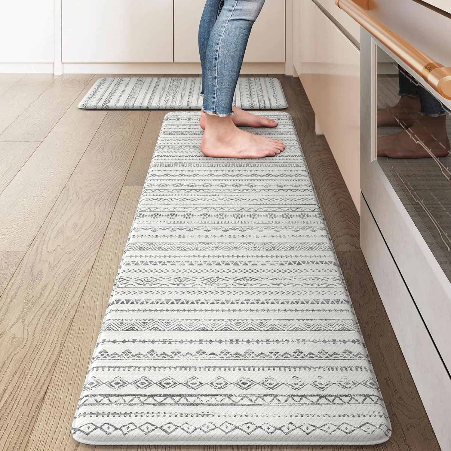 Anti Fatigue Mats for Kitchen Floor,Coshioned Kitchen Mats for Floor 2 Piece,Boho Kitchen Mat Rug Waterproof,Moroccan Kitchen Sink Floor Mat for Kitchen Office Laundry, Light Grey