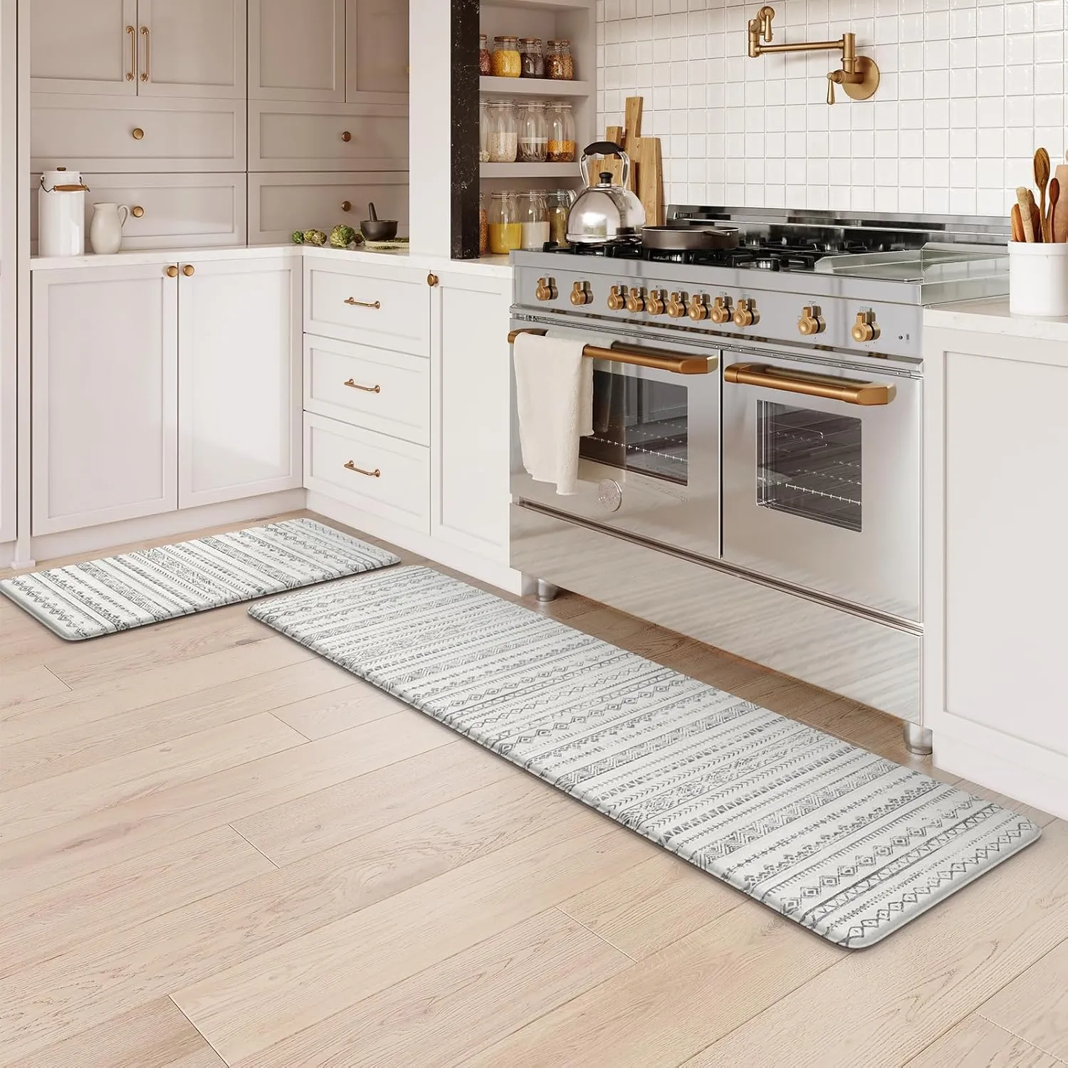 Anti Fatigue Mats for Kitchen Floor,Coshioned Kitchen Mats for Floor 2 Piece,Boho Kitchen Mat Rug Waterproof,Moroccan Kitchen Sink Floor Mat for Kitchen Office Laundry, Light Grey