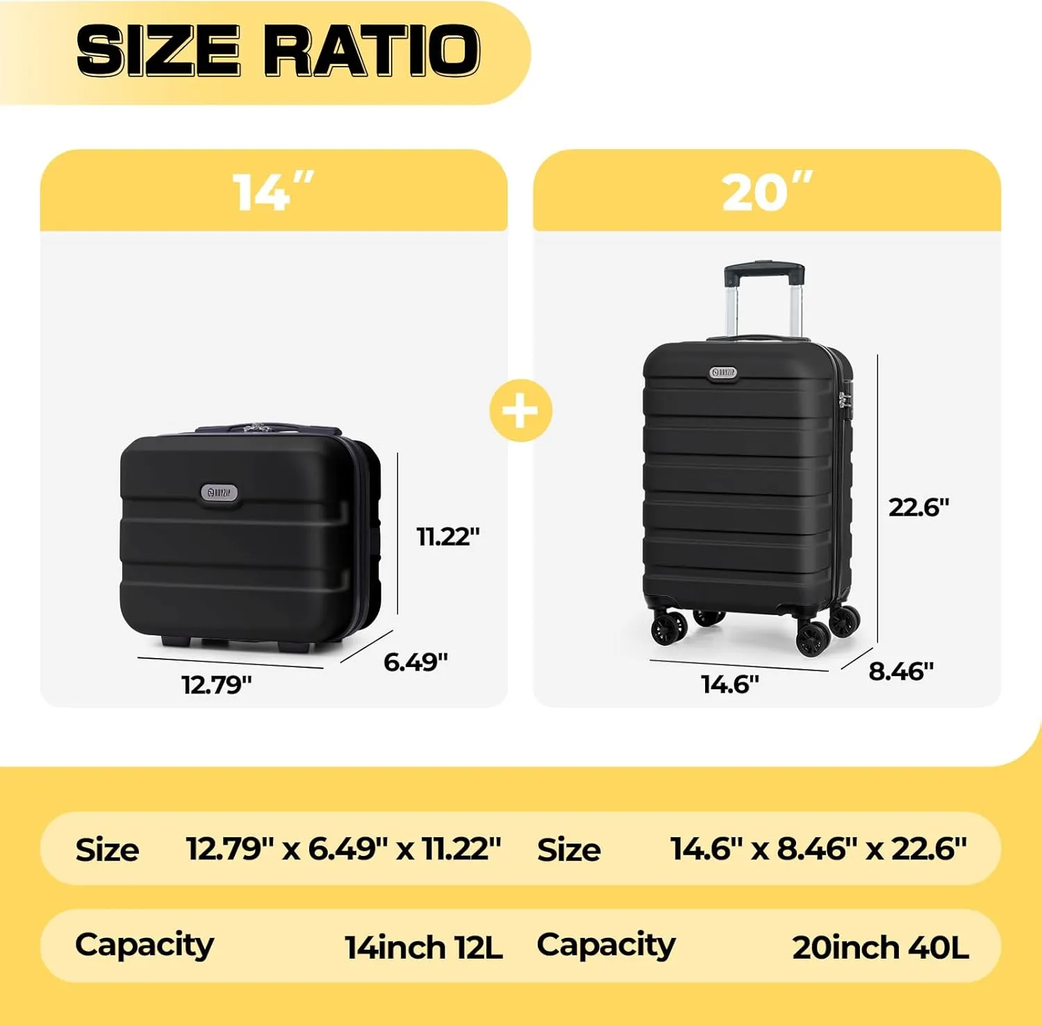 AnyZip Carry On Luggage 2PCS Luggage Set PC ABS Hardshell Lightweight Suitcase TSA Lock with 4 Spinner Wheels（14/20, Black）