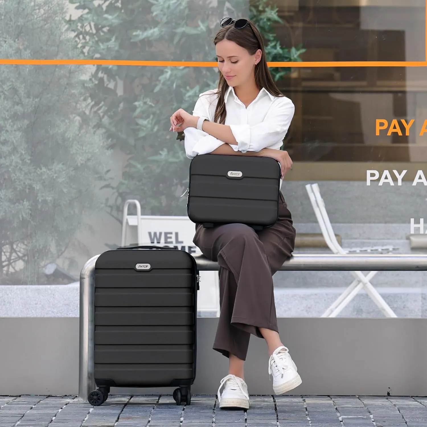 AnyZip Carry On Luggage 2PCS Luggage Set PC ABS Hardshell Lightweight Suitcase TSA Lock with 4 Spinner Wheels（14/20, Black）